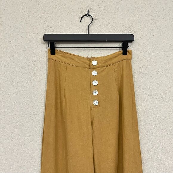 GILLIA Wide Leg Pants Camel Tan Cropped High Rise Shell Button Front - Picture 4 of 14